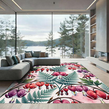 Crimson Pink Heart Flower Fern Rug