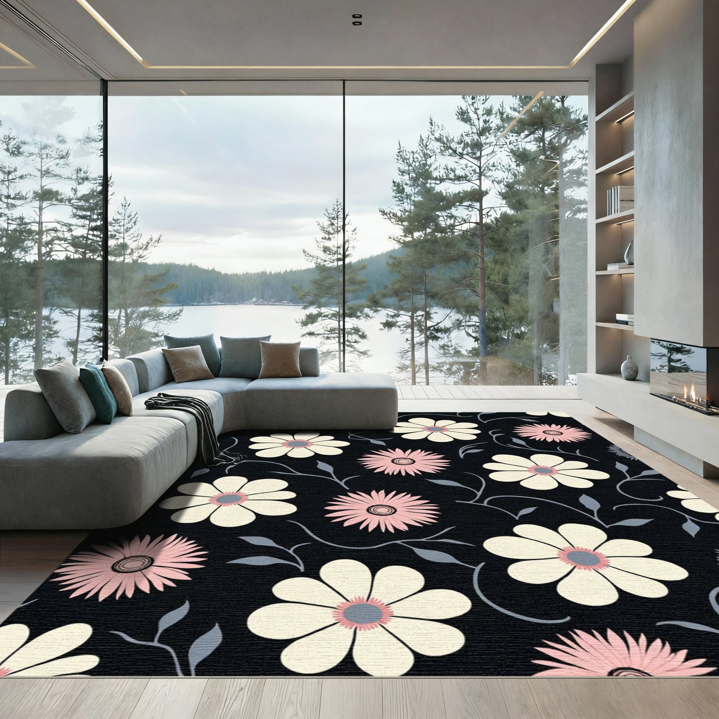 Cream Pink Daisy Floral Vine Rug