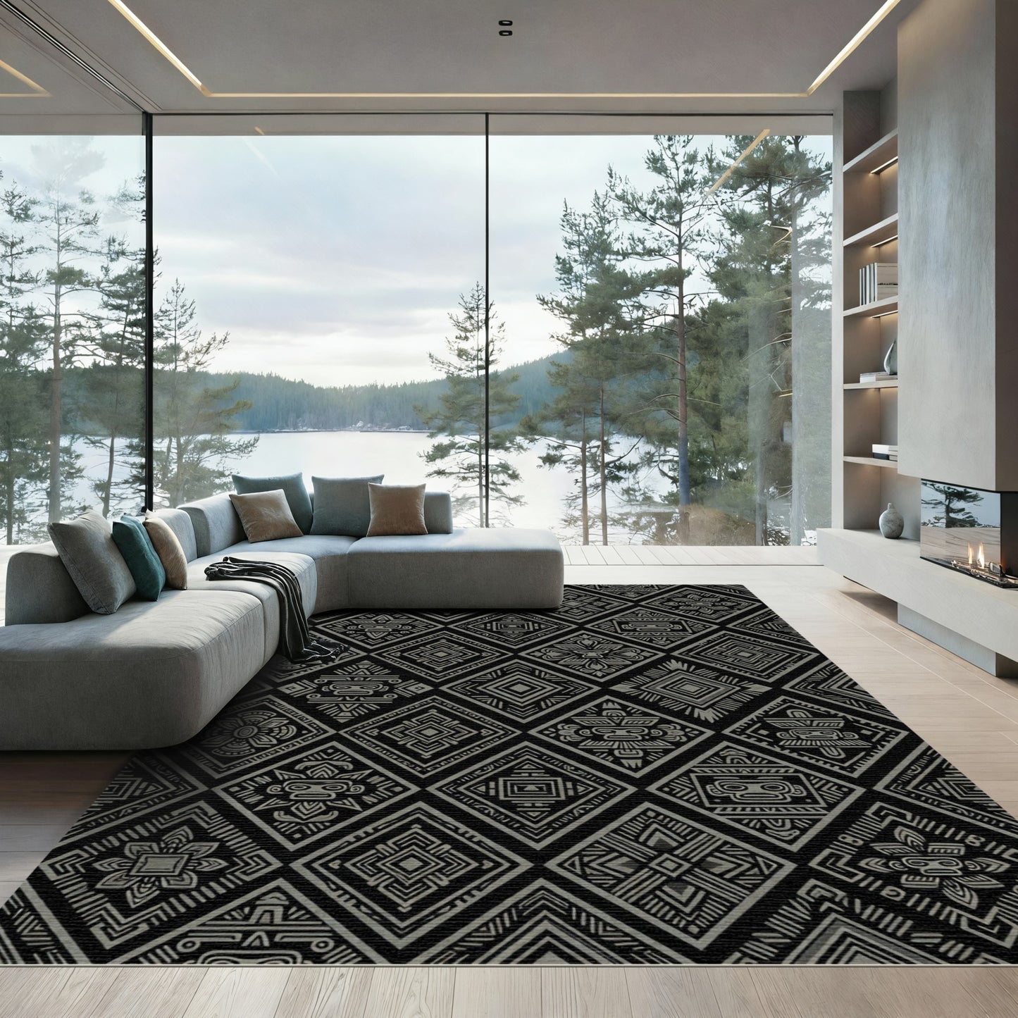Black Grey Aztec Diamond Collage Rug