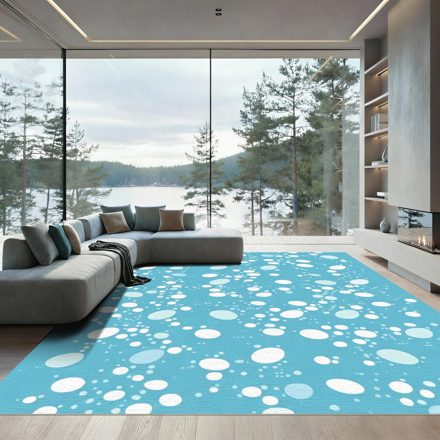 Cerulean Bubbles Scattered Oval Shapes Rug