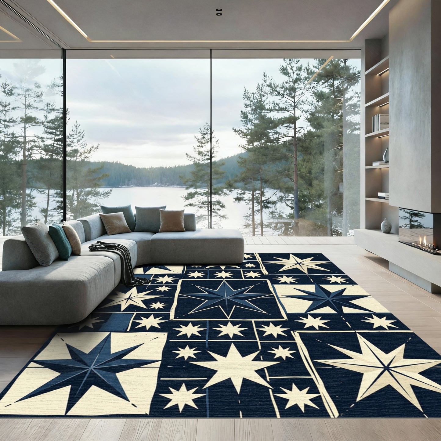 Navy Cream Celestial Star Geometric Rug