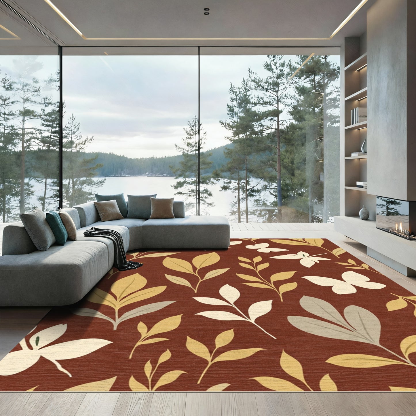 Earthy Brown Botanical Butterfly Accents Rug
