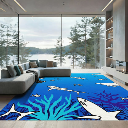 White Sharks Amidst Blue Coral Rug