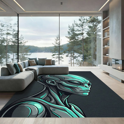 Futuristic Glow Alien Cyborg Portrait Rug