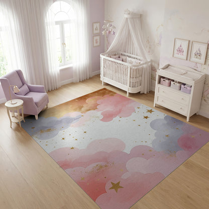 Dreamy Pastel Clouds Gold Stars Rug