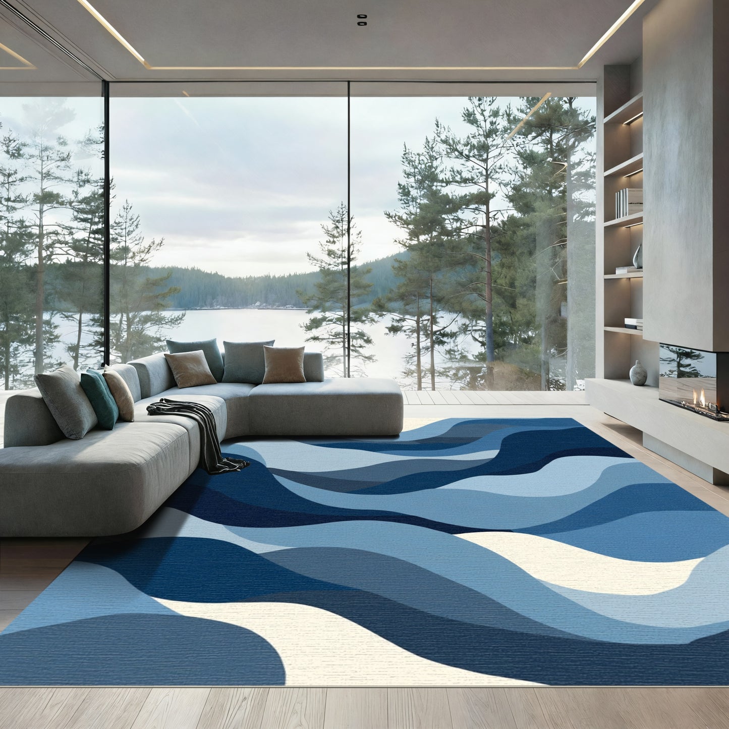 Serene Blue Wave Landscape Rug