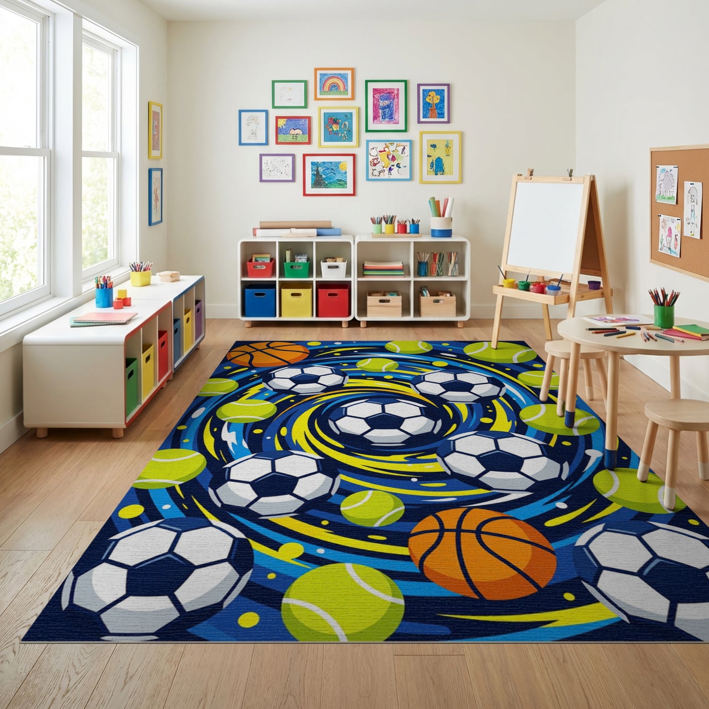 Vibrant Swirling Basketball Soccer Tennis Rug