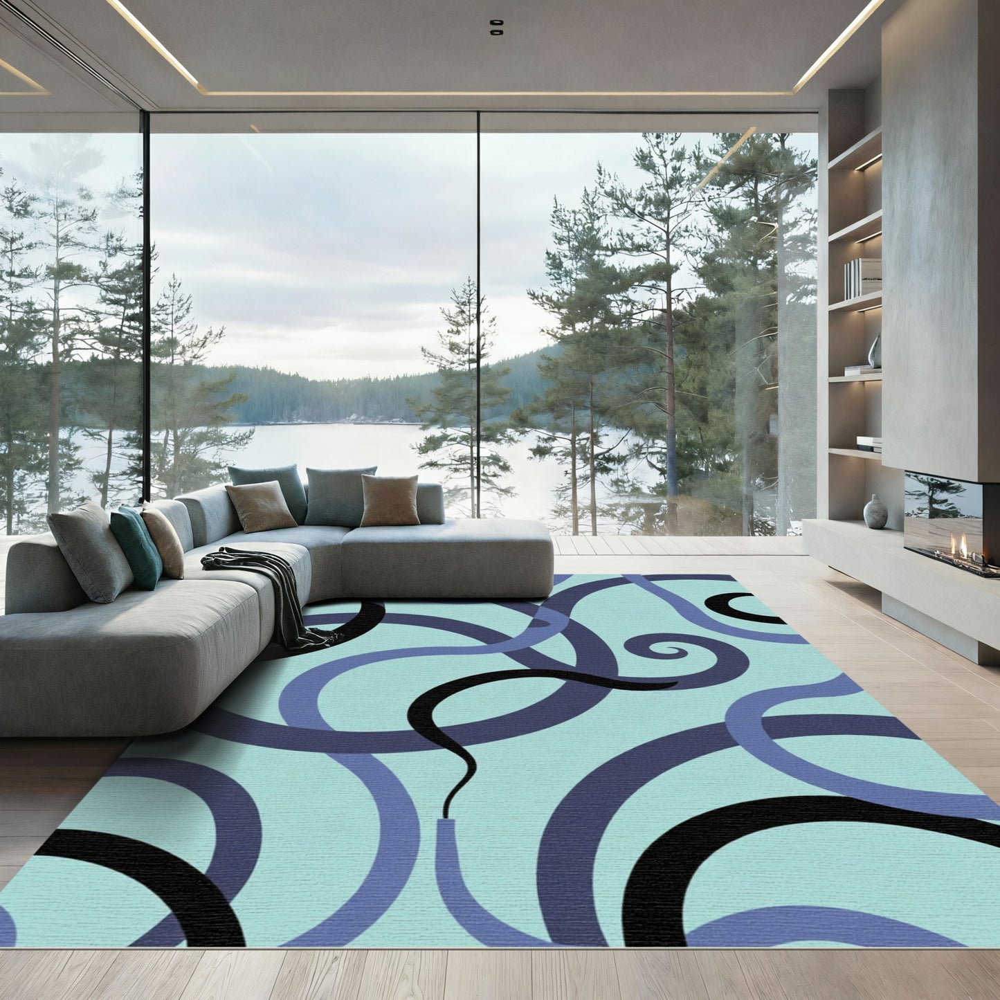 Aqua Blue Swirling Ribbon Composition Rug