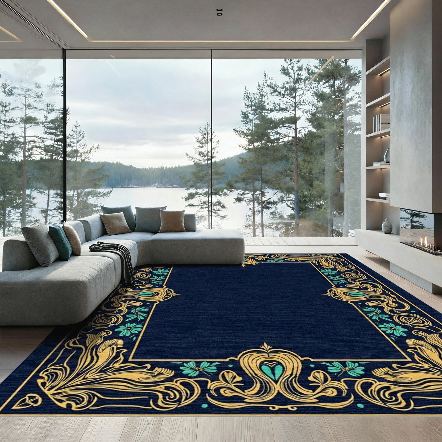 Golden Teal Floral Victorian Frame Rug