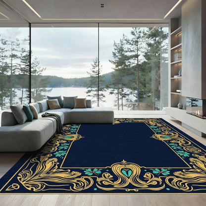 Golden Teal Floral Victorian Frame Rug