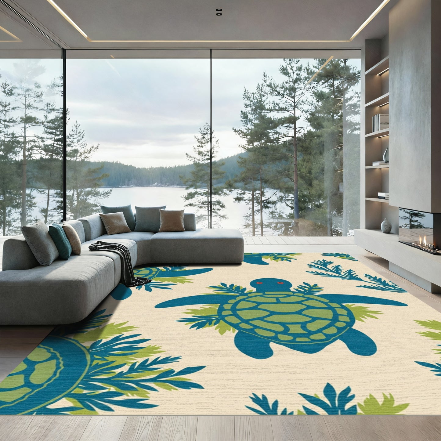 Blue Green Sea Turtle Foliage Pattern Rug
