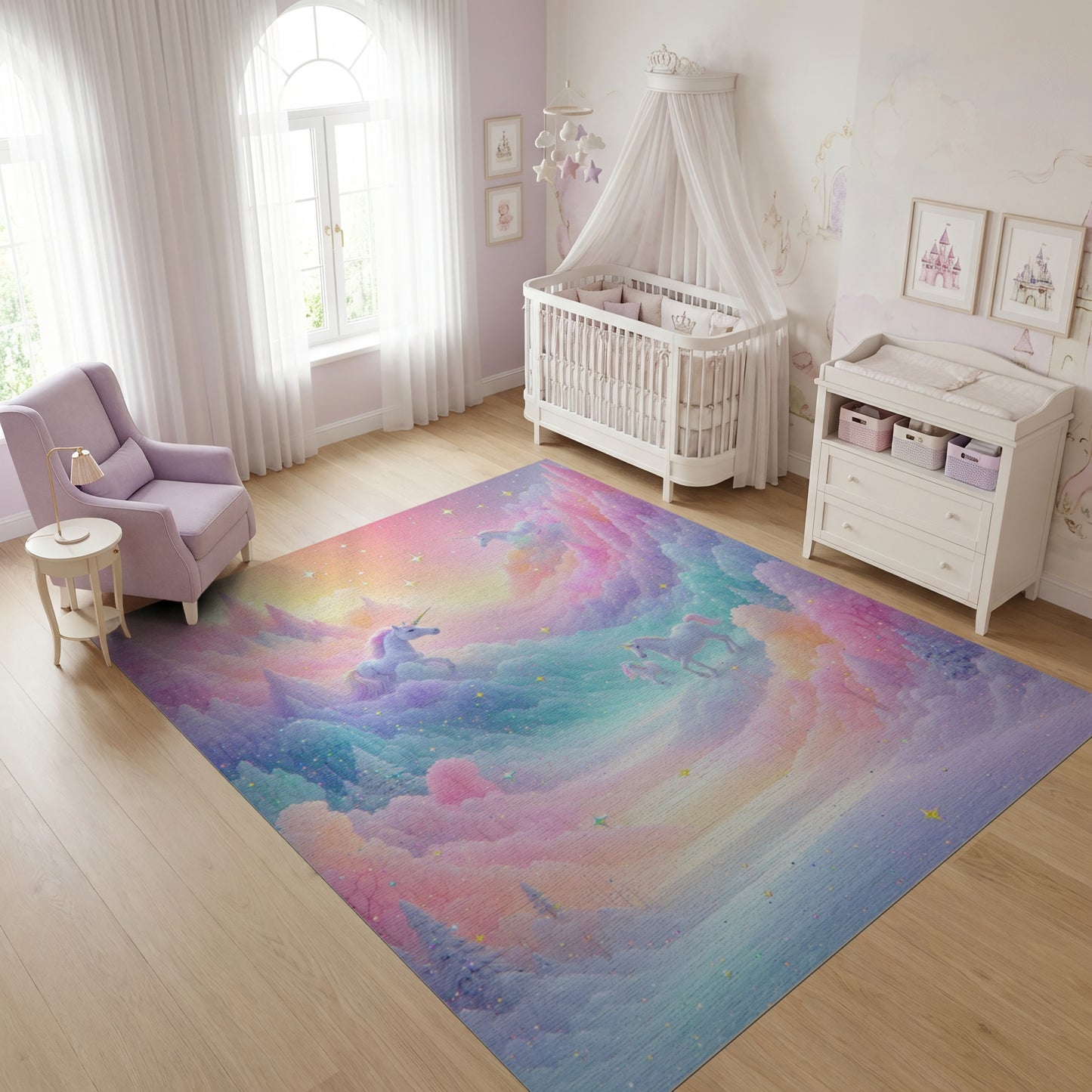 Dreamy Pastel Unicorn Mountains Stars Rug