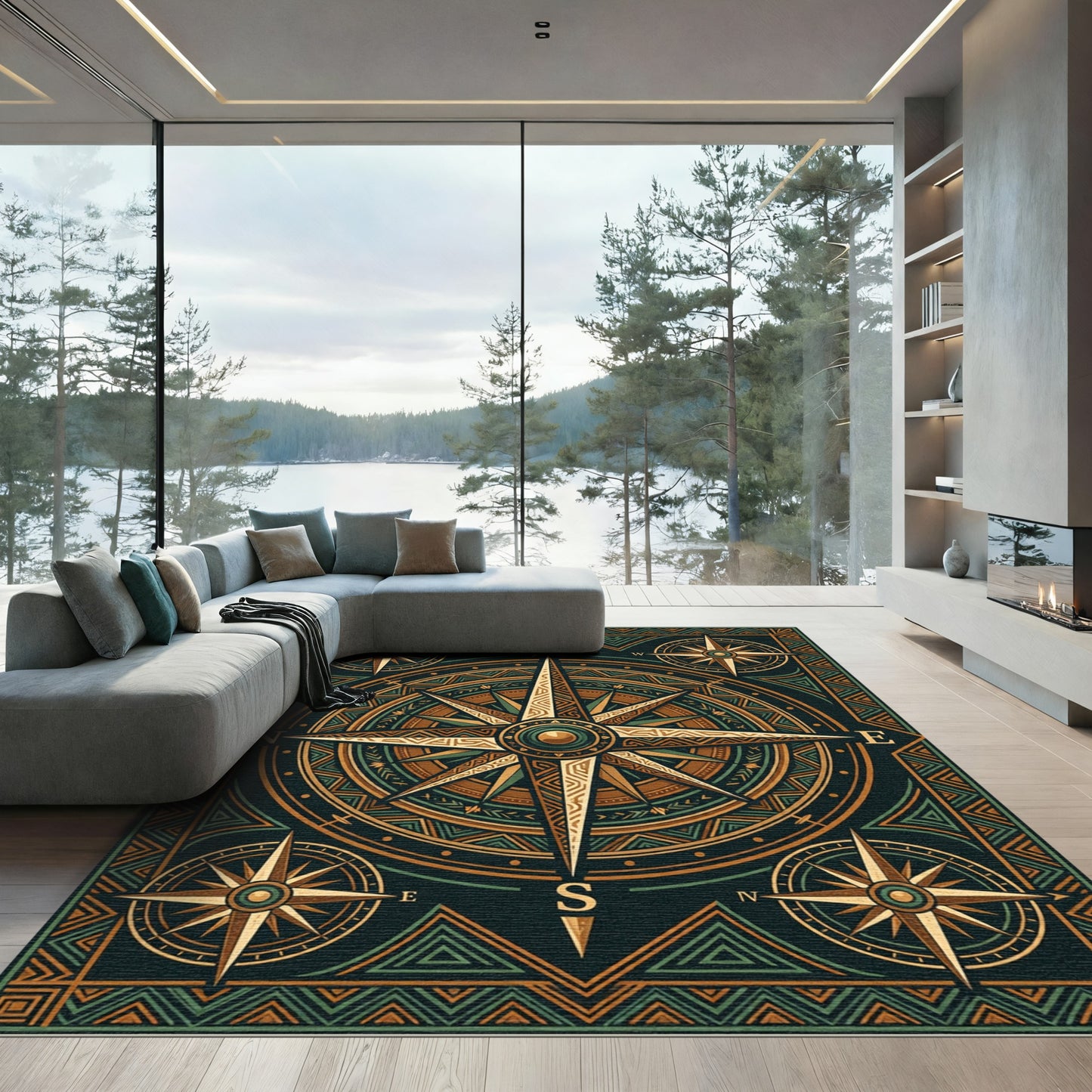 Ornate Compass Rose Earthy Geometric Rug