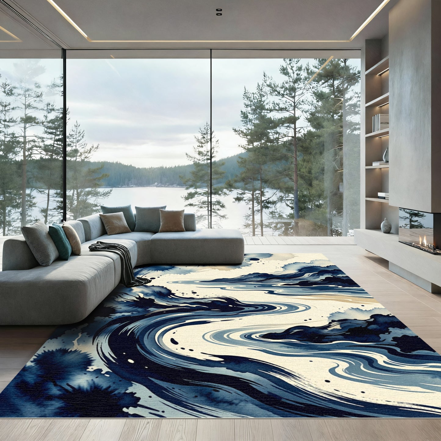 Deep Blue Watercolor River Flow Rug