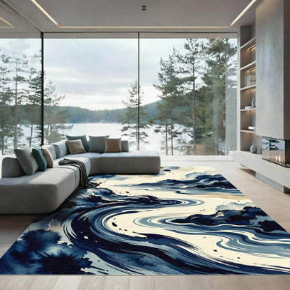 Deep Blue Watercolor River Flow Rug