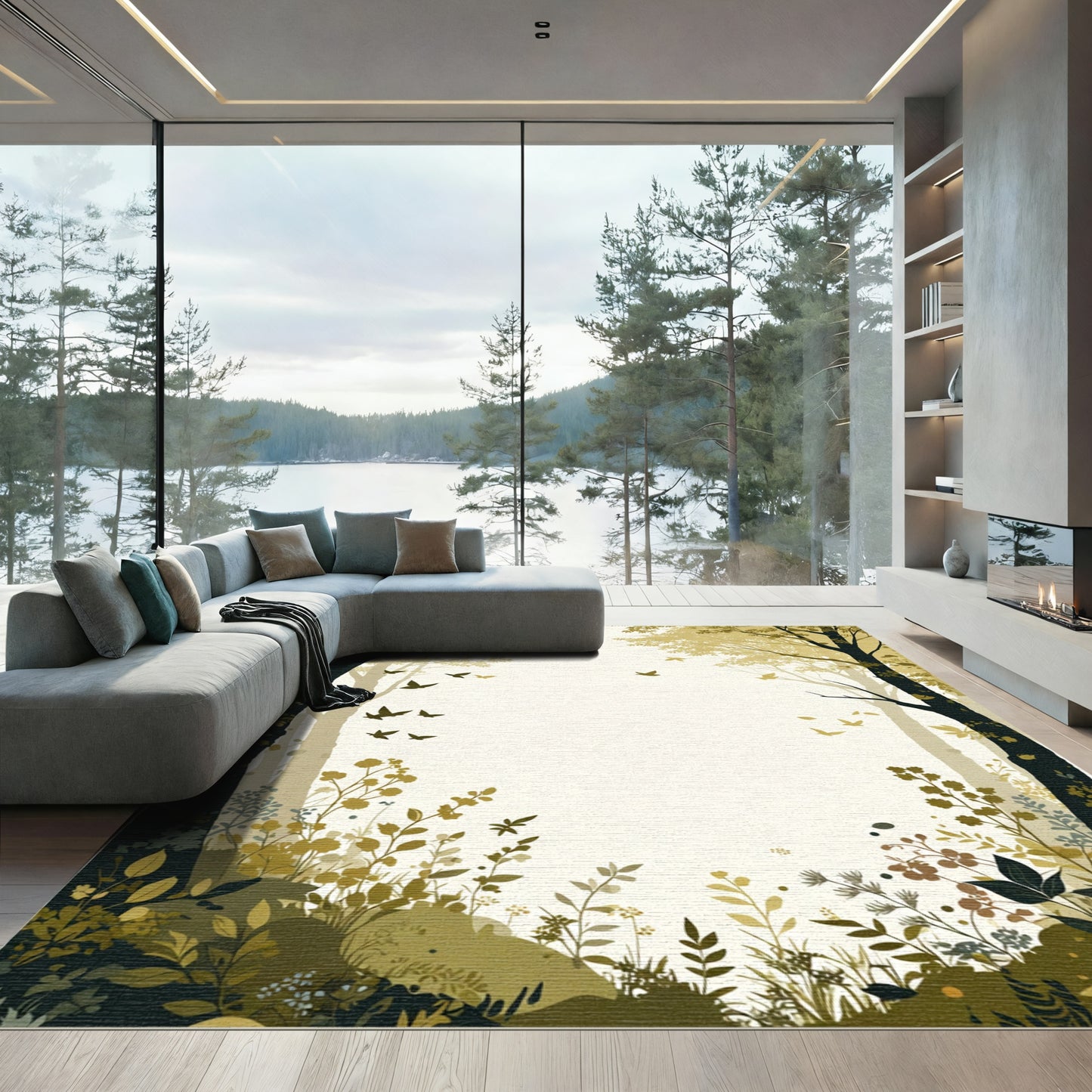 Golden Forest Canopy With Flying Birds Rug
