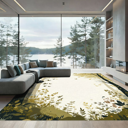 Golden Forest Canopy With Flying Birds Rug