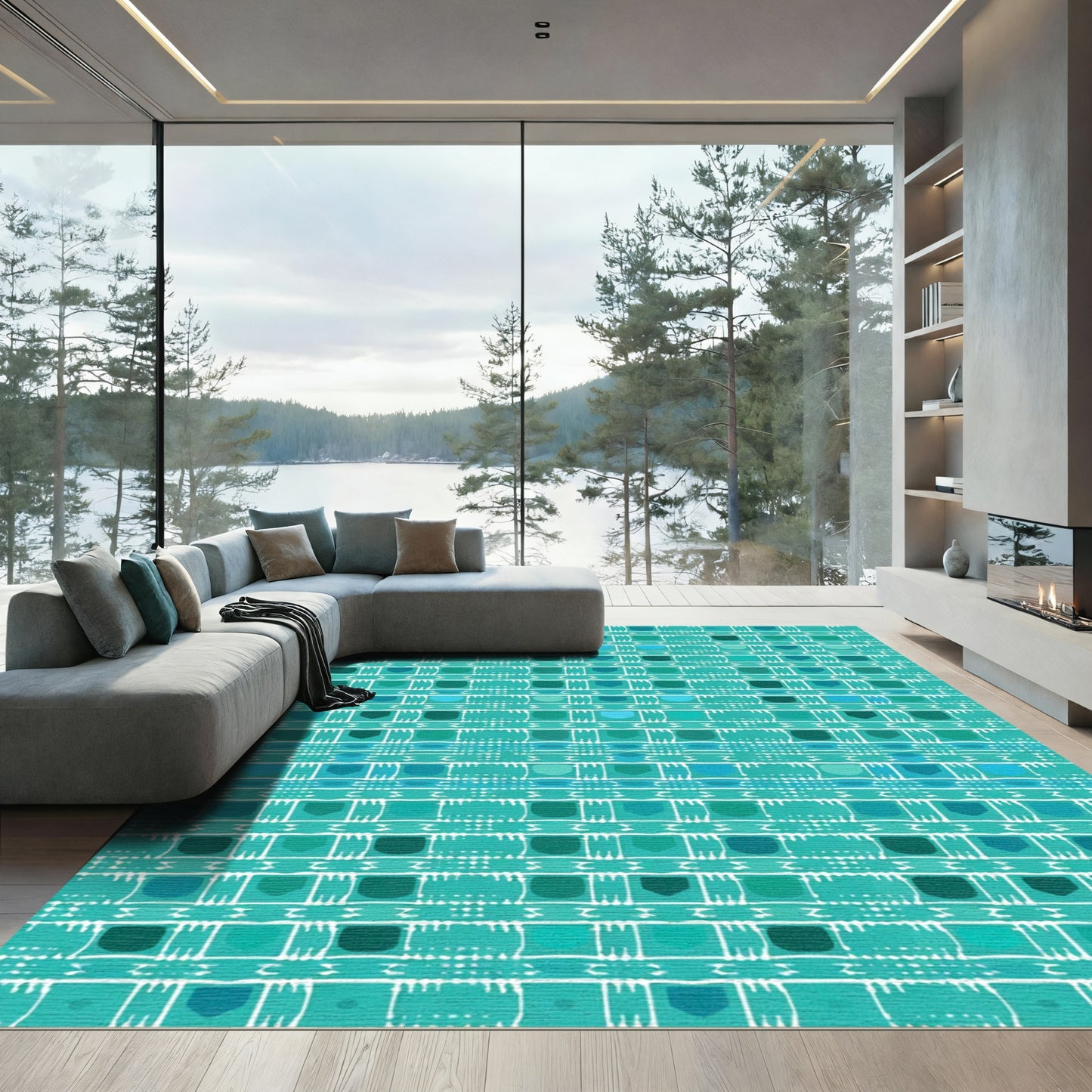 Teal White Geometric Grid Organic Lines Rug