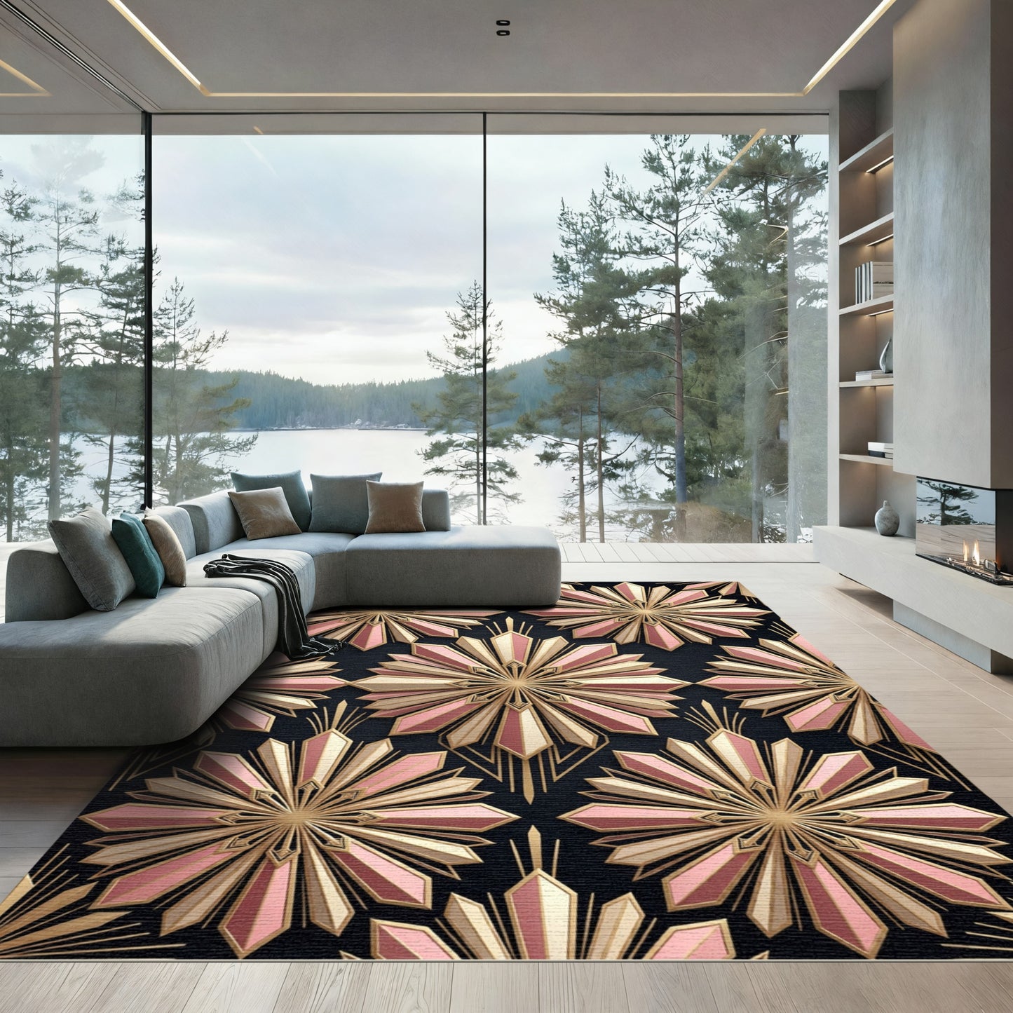 Art Deco Pink Sunburst Geometric Rug