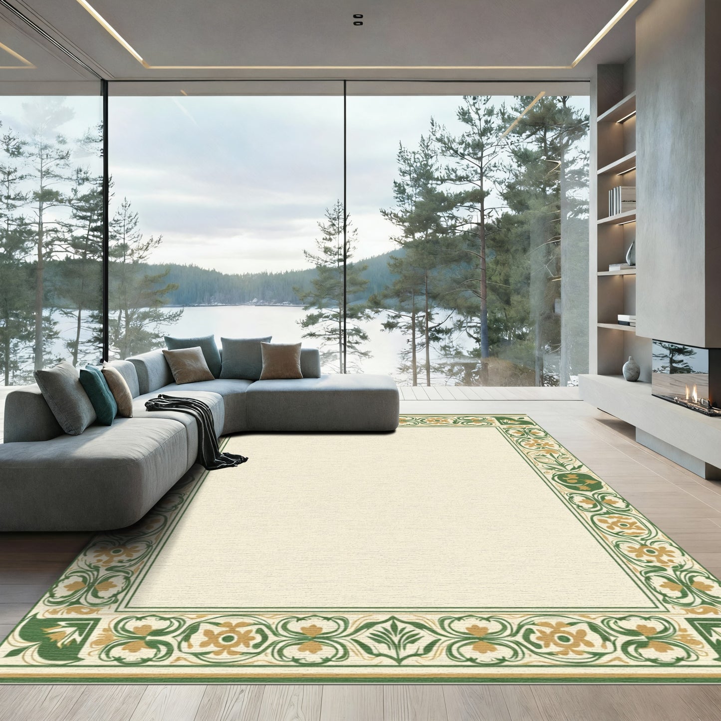 Green Gold Floral Acanthus Border Rug