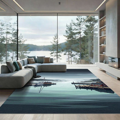 Serene Misty Fjord Harbor Landscape Rug