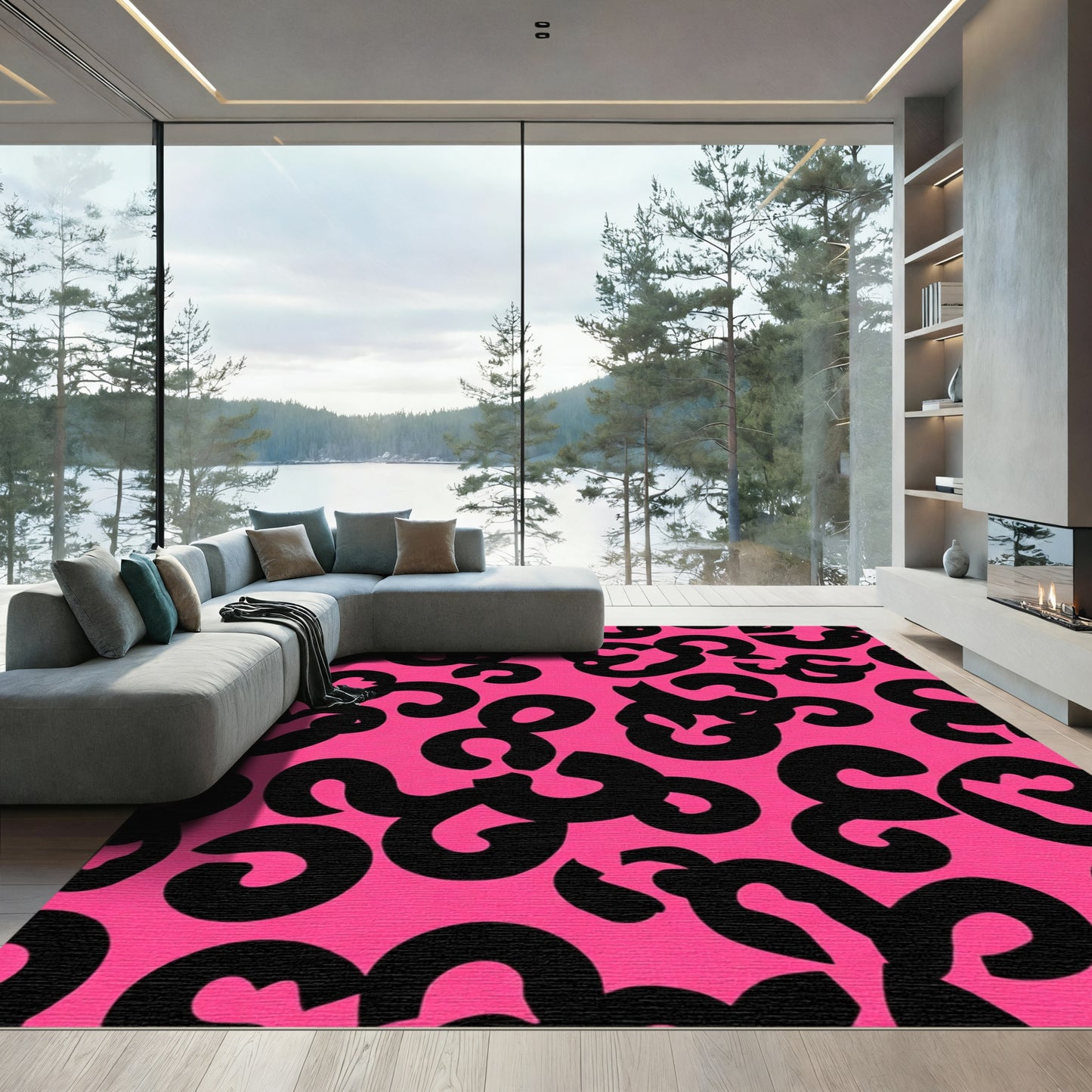 Hot Pink Black Abstract Swirls Rug