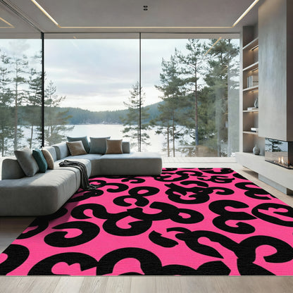Hot Pink Black Abstract Swirls Rug