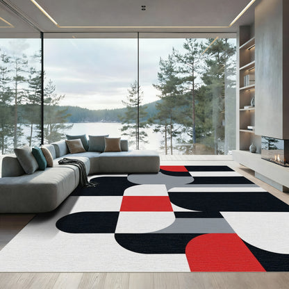 Modern Red Black White Geometric Abstraction Rug