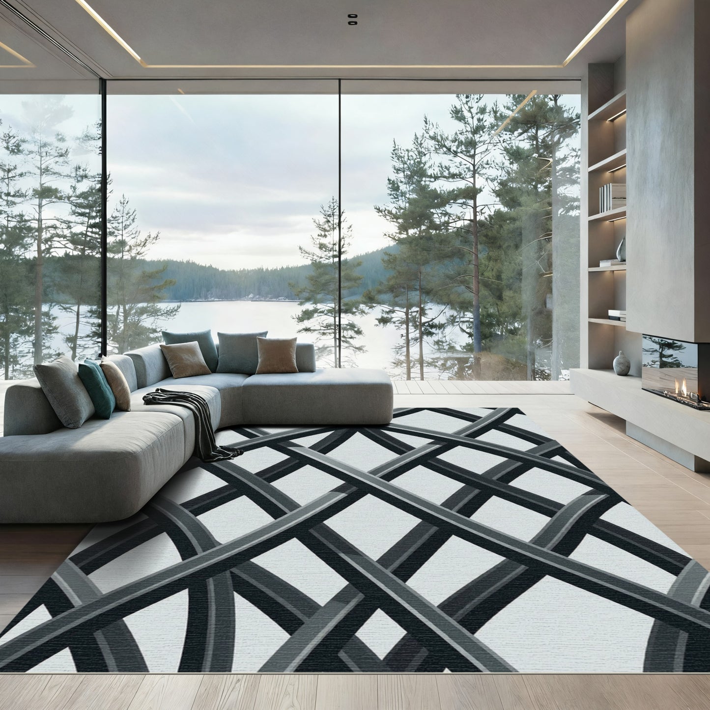 Minimalist Monochrome Intersecting Curved Geometric Lines Rug