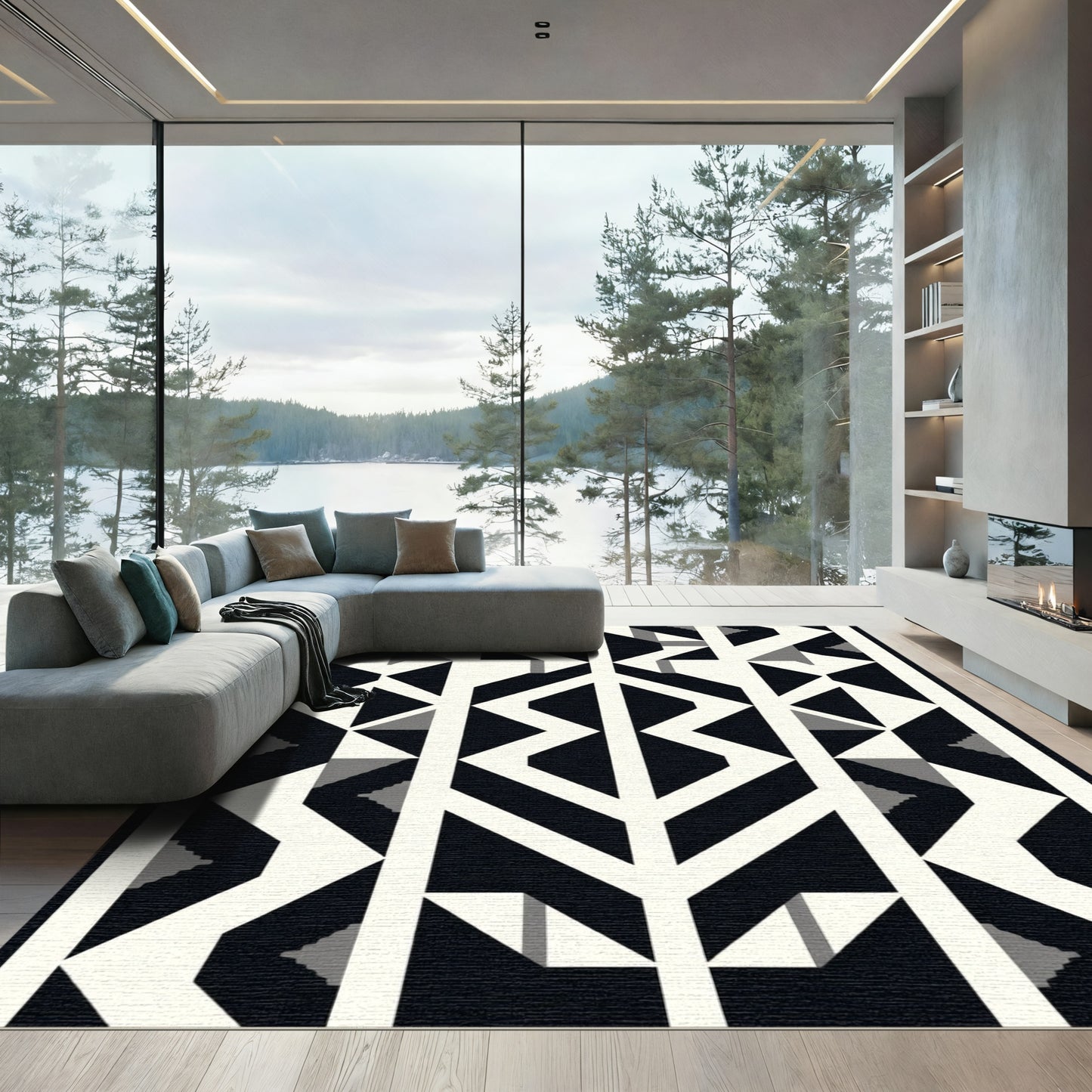 Modern Black White Geometric Stripe Accent Rug