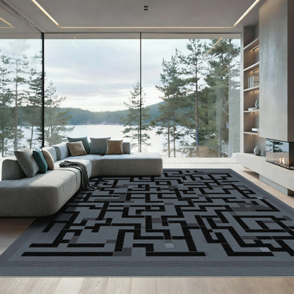 Monochromatic Labyrinth Maze Lines Rug