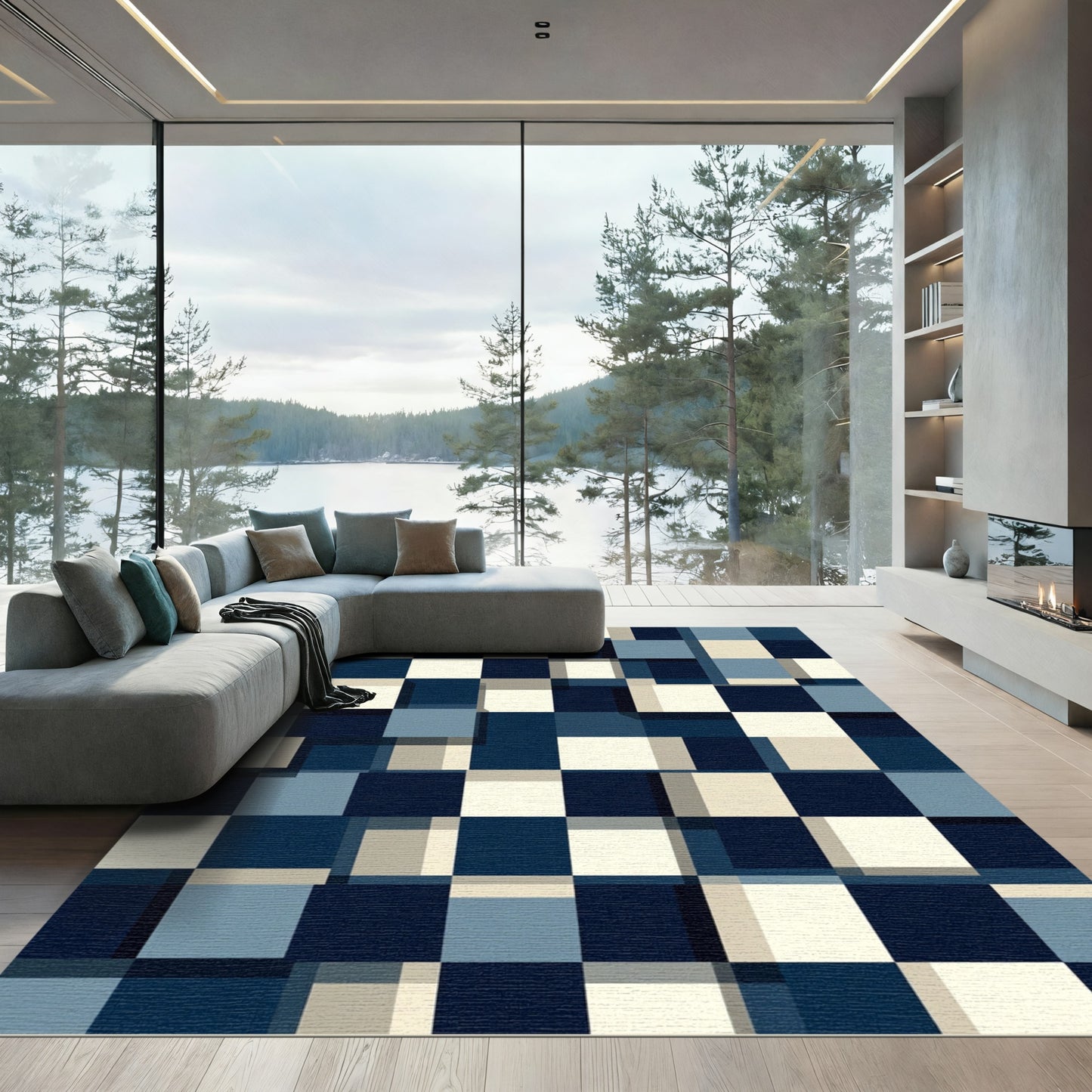 Navy Blue Cream Geometric Checkerboard Rug