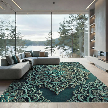 Ornate Teal Rose Damask Medallion Rug