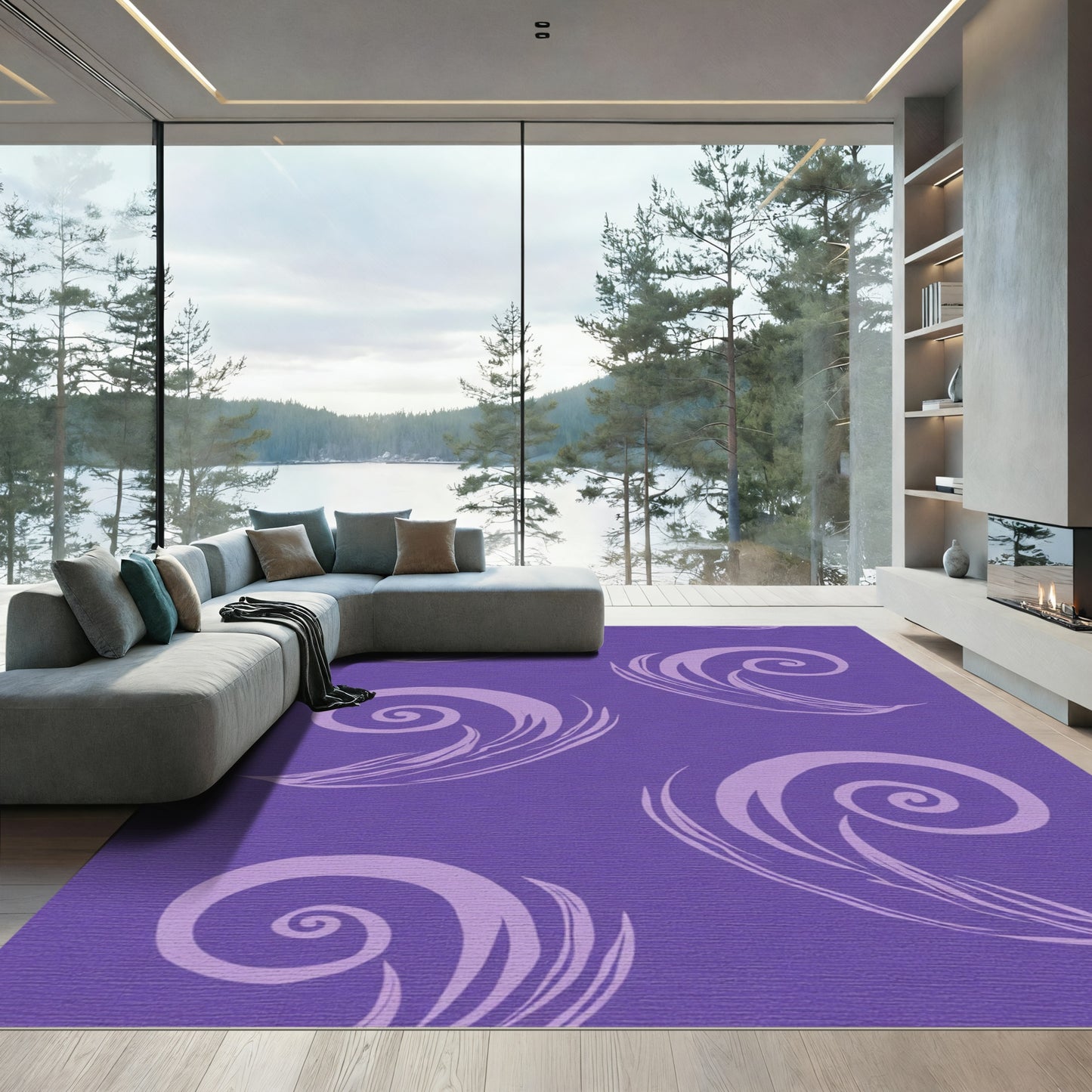 Purple Swirling Feathered Scroll Rug
