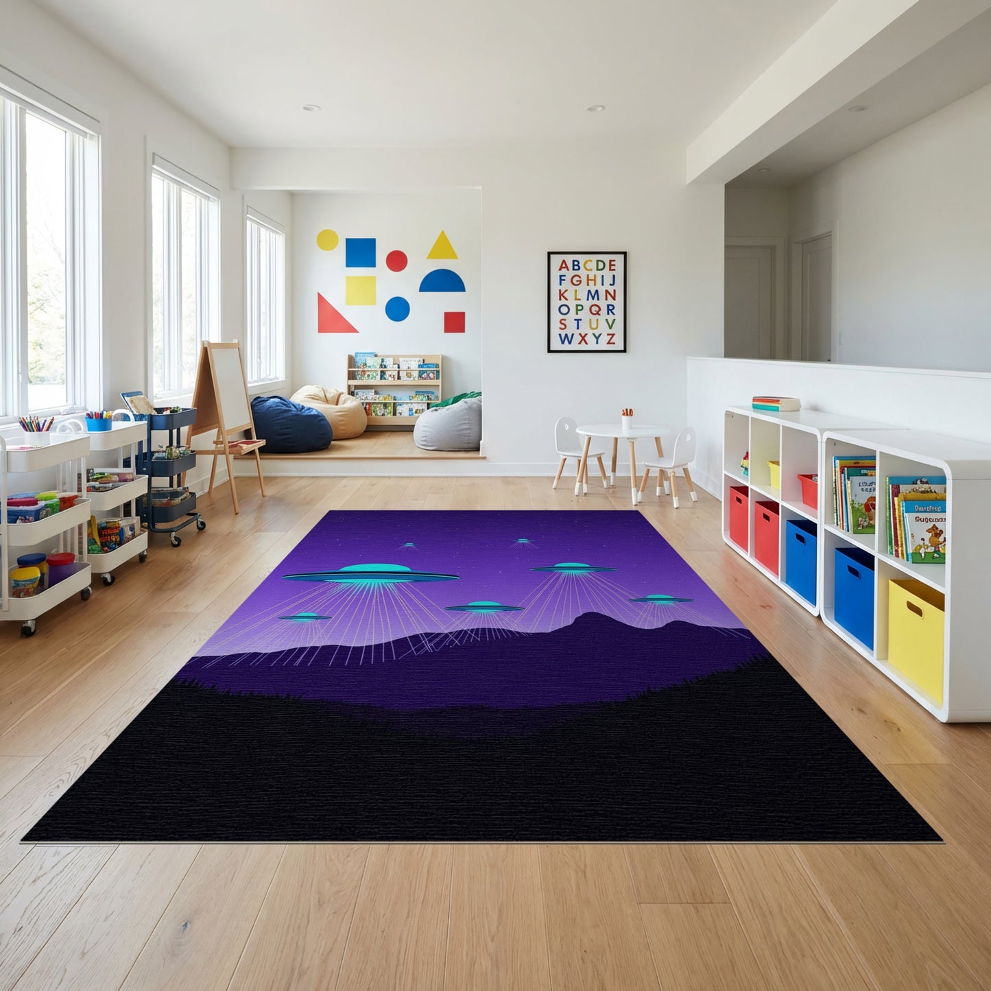 Neon Glowing UFOs Purple Mountains Rug