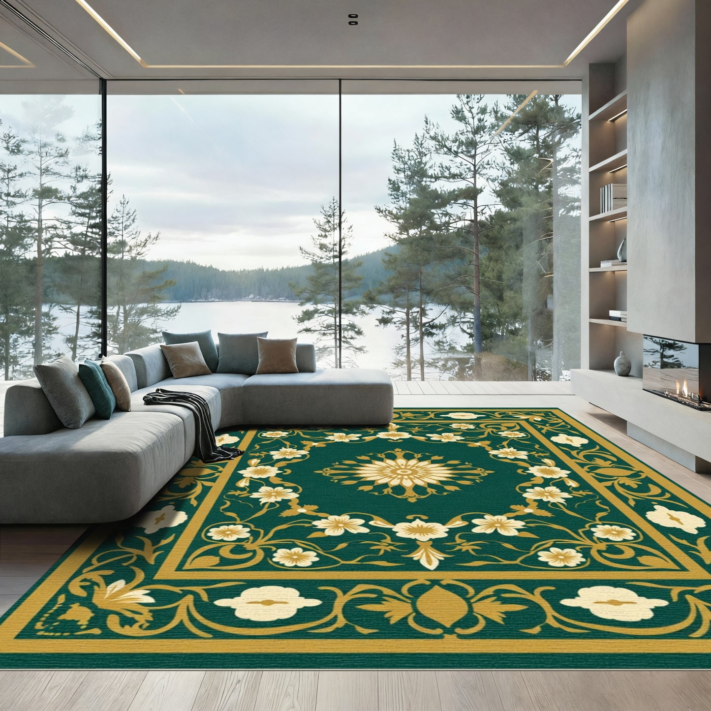 Deep Emerald Floral Medallion Swirl Rug