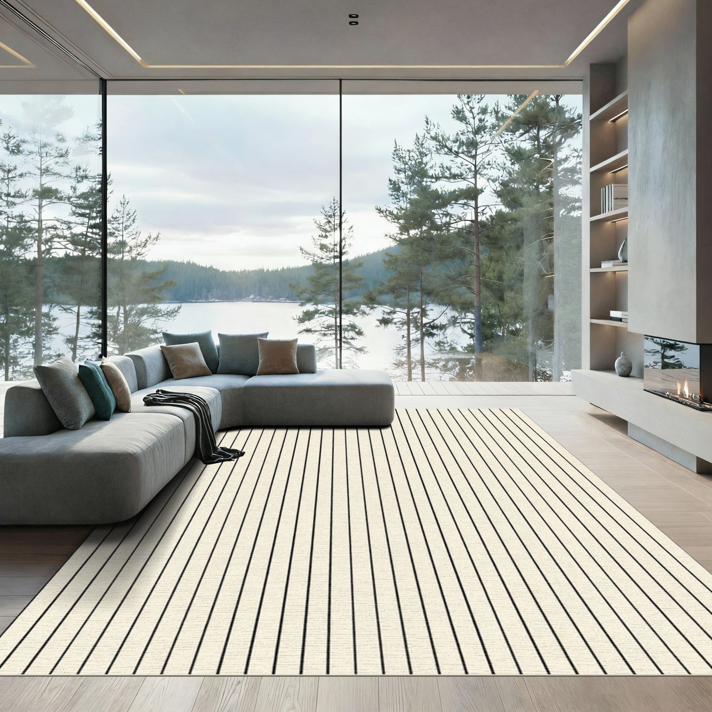 Cream Black Vertical Pin Stripe Rug