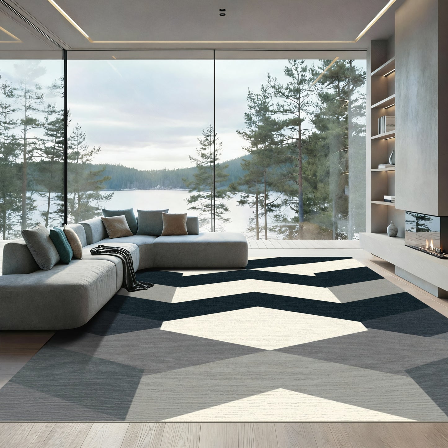 Modern Geometric Chevron Cream Navy Rug