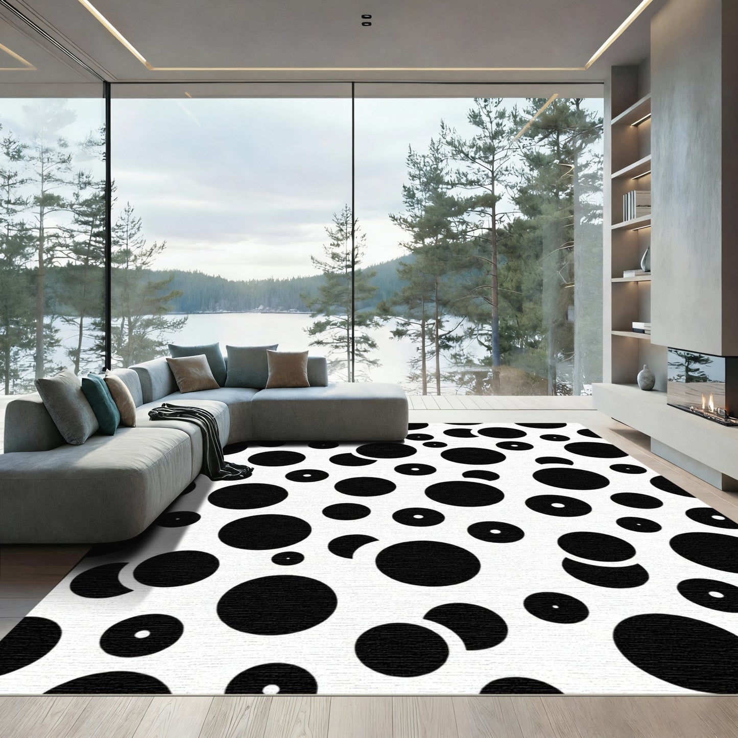 Random Black Circles Scattered Pattern Rug