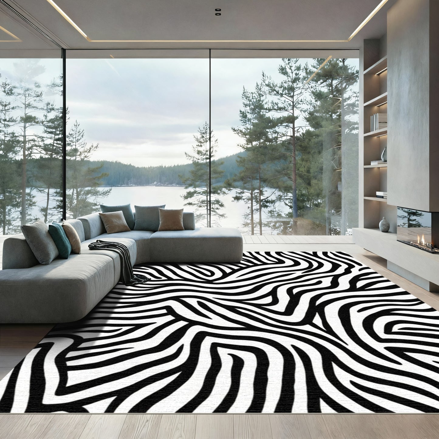 Bold Black White Animal Print Waves Rug