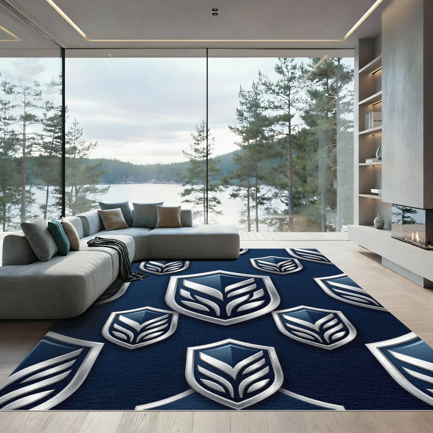 Elegant Navy Silver Geometric Shield Rug