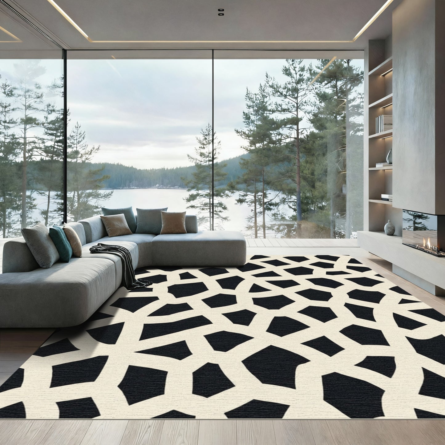 Organic Black White Interlocking Forms Rug