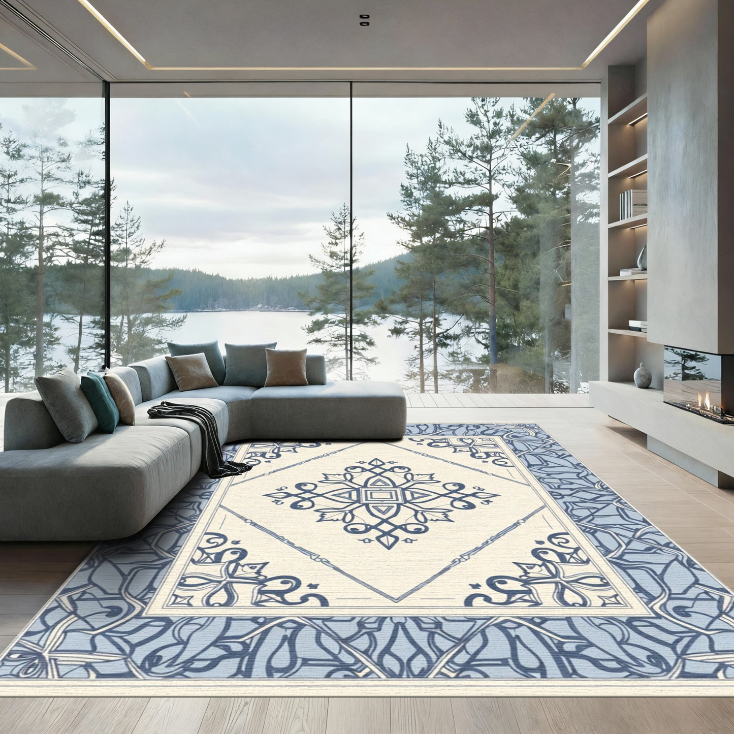 Blue Cream Center Medallion Border Rug
