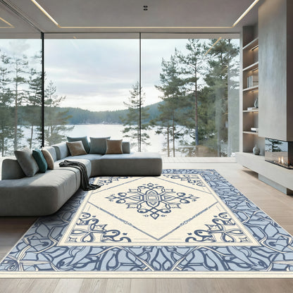 Blue Cream Center Medallion Border Rug