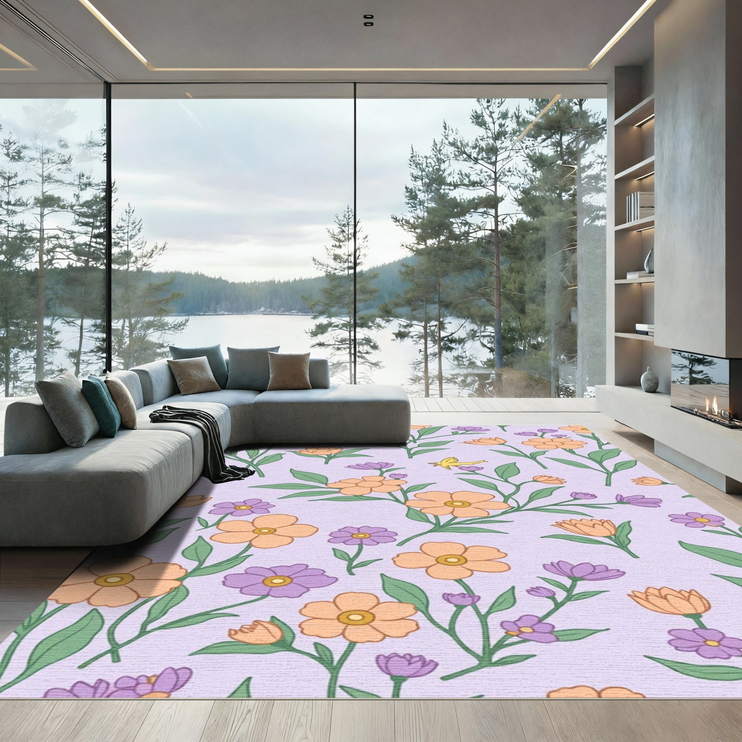 Orange Purple Pastel Floral Bird Field Rug