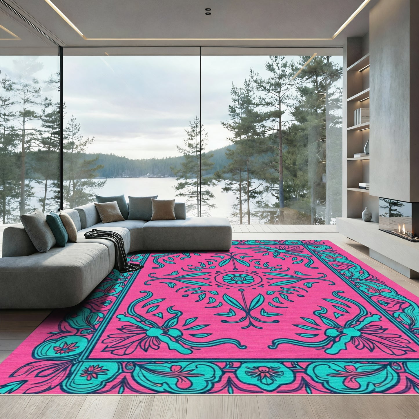 Radiant Pink Teal Floral Garden Rug