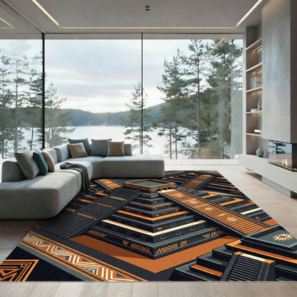Ancient Aztec Pyramid Orange Black Rug
