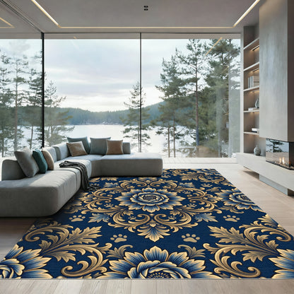Golden Floral Damask with Subtle Paw Accents Rug