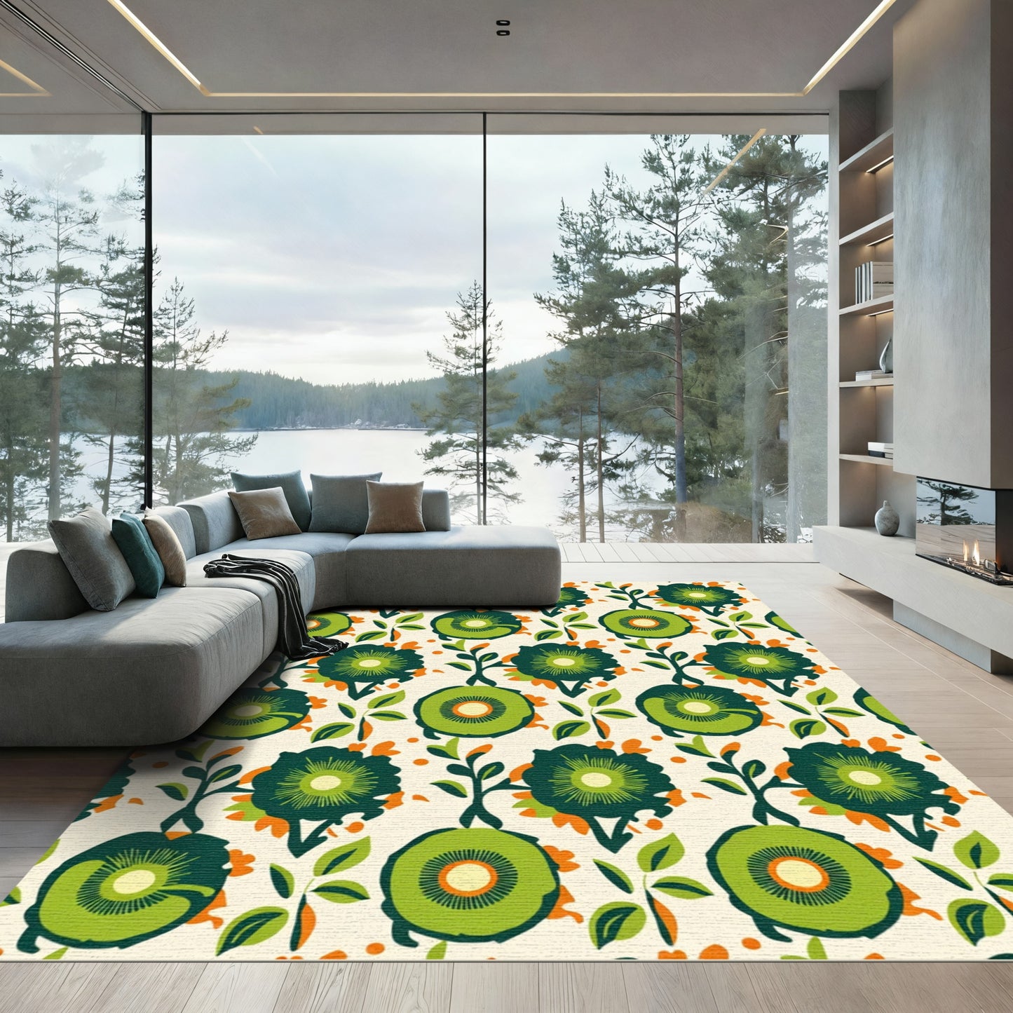 Green Orange Floral Garden Arrangement Rug