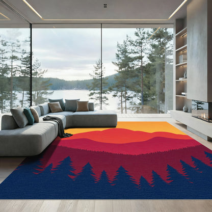 Crimson Sunset Mountain Forest Silhouette Rug